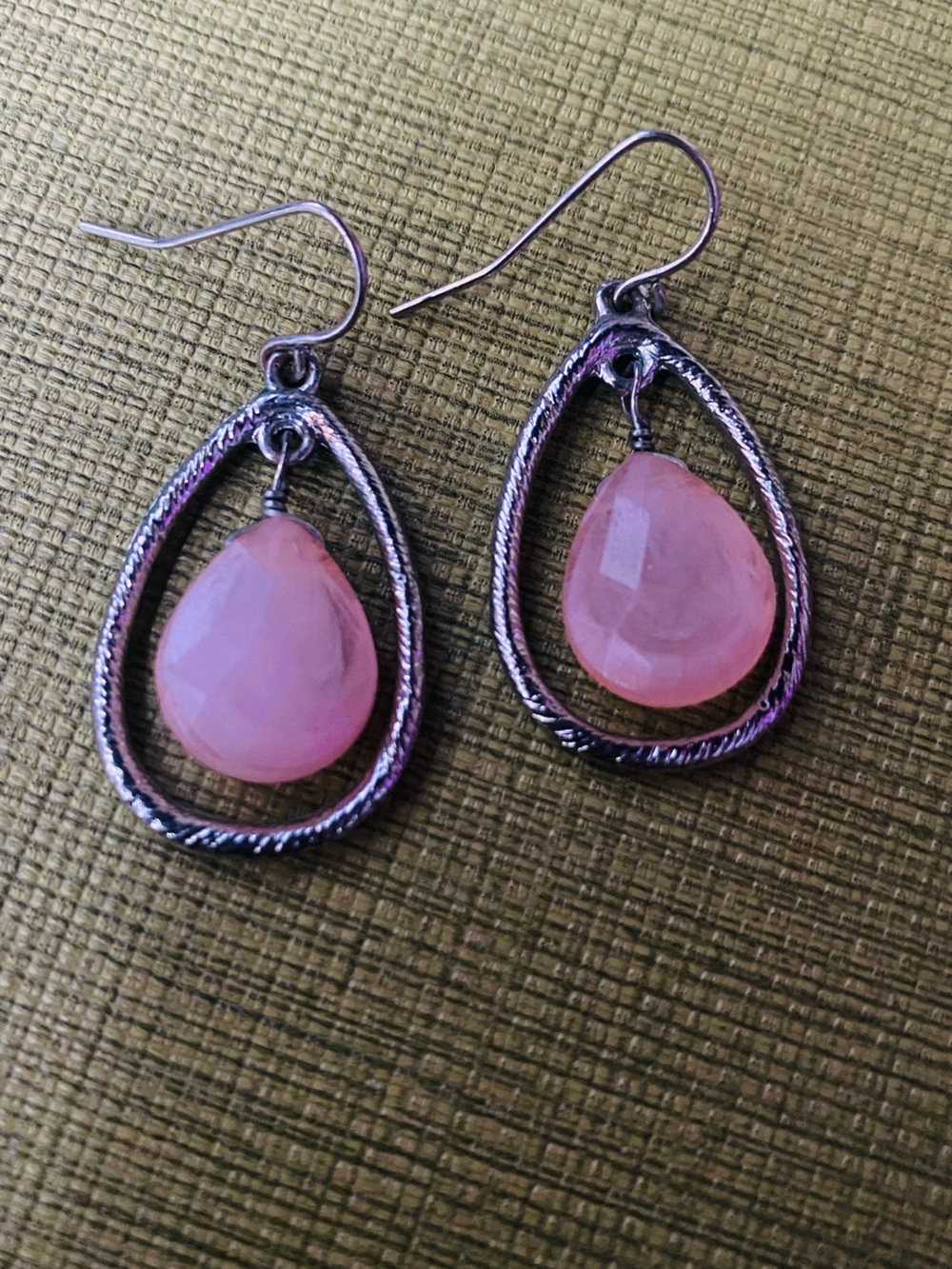 Pink Teardrop Dangle Earrings - Silver Frame